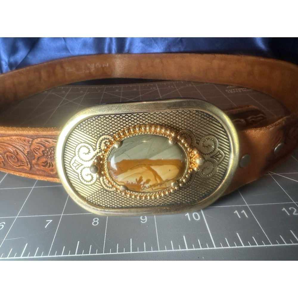 VTG Chambers Belt Co Buckle Brass/Gold Hand Finished Leather Belt 38 Made in USA - Picture 7 of 9